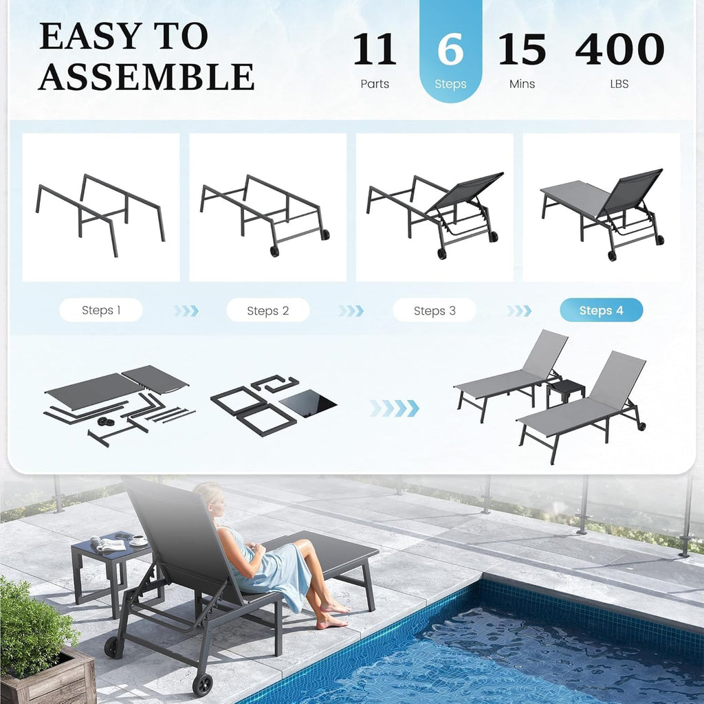 UDPATIO Outdoor Lounge Chairs Set of 2 with Side Table Poolside Chaise Lounge Chair with Wheels 5-Position Backrest Reclining Rust Free for Patio Deck