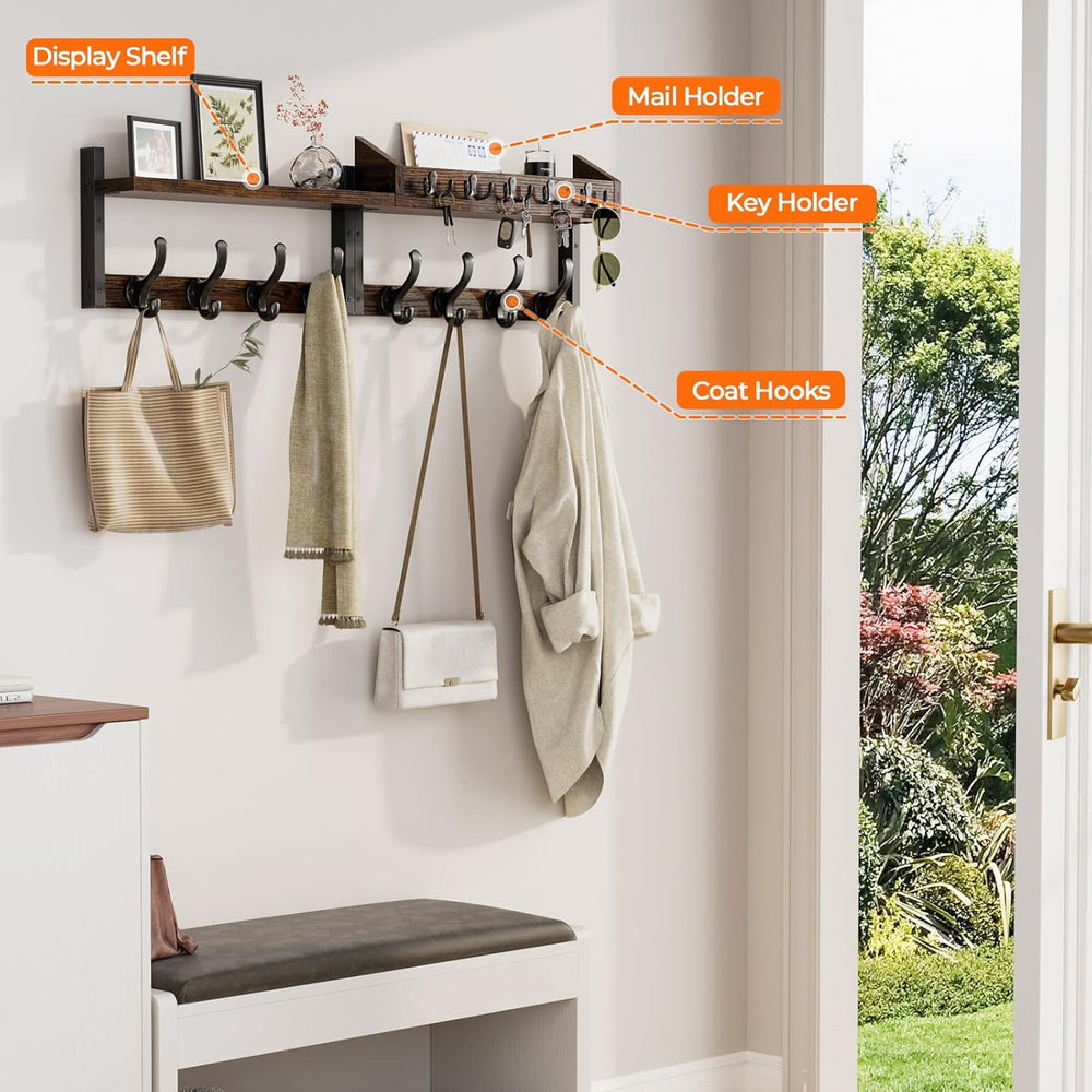 Evermagin 35" Coat Rack Wall Mount with Shelf for Entryway, Rustic Brown