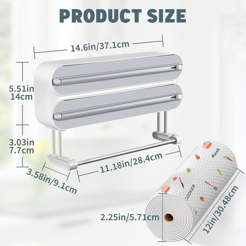 3 in 1 Plastic Wrap Dispenser with Cutter，Magnetic Aluminum Foil and Adhesive Film Organizer, Wall Mount Kitchen Wrap Organizer, Cling Wrap Dispenser with Paper Towel Holder and Cutter
