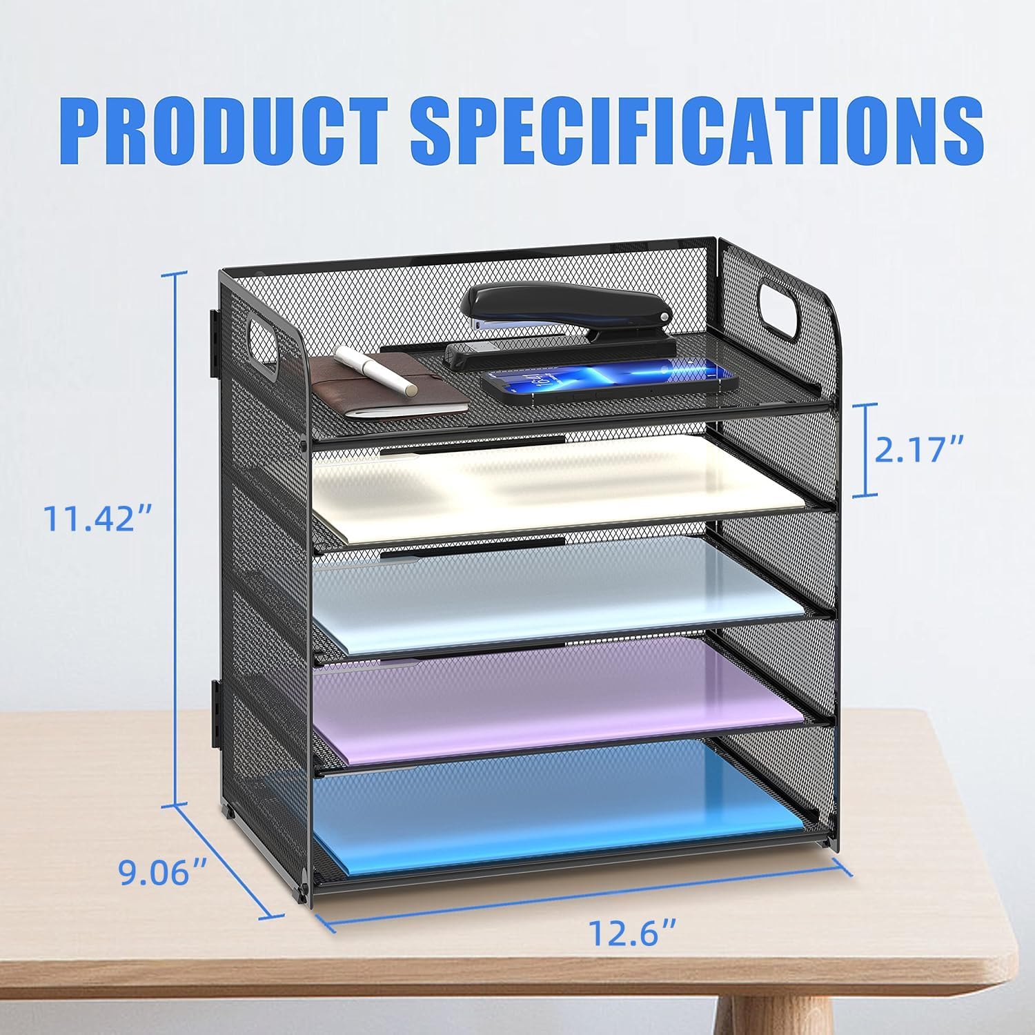 Supeasy 2 Pack 5-Tier Desk Organizer with Handle Mesh Desk File/Paper Organizer Letter Tray for Office, School and Home Easy Installation, Black