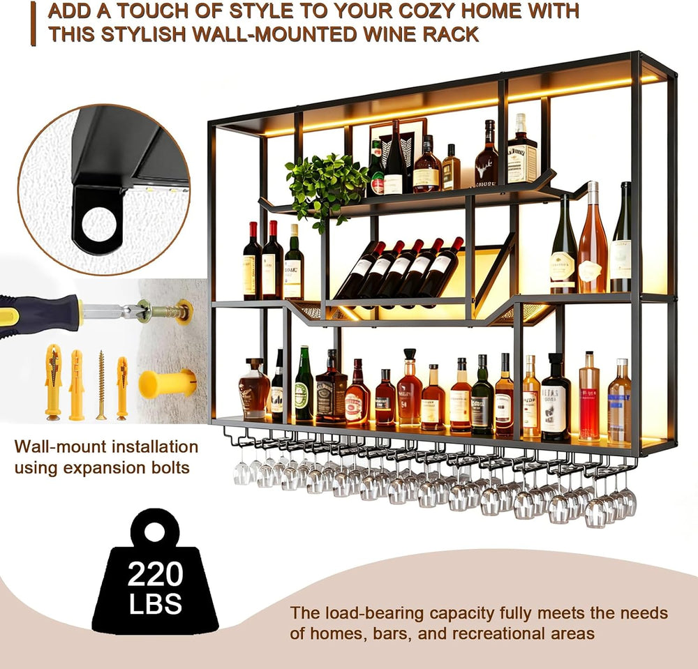 63-inch LED Wall Wine Rack, Modern Metal Display Rack for Bar | With 3 floati...