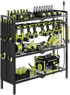 Large Power Tool Organizer Cart with Charging Station 8 Drill Holder Garage Storage Standing Heavy Duty and Stability Storage Rack Utility Tool Shelf (Black)