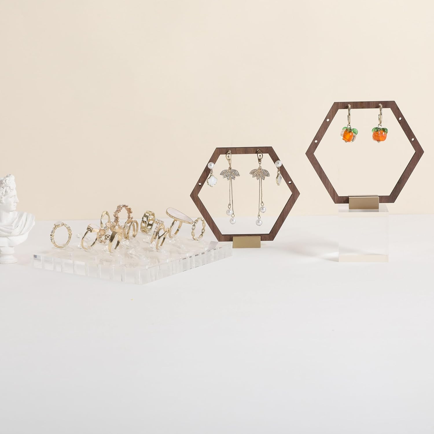 GemeShou 3pcs Wooden stud earring organizer holder, walnut earring hangers with brass base, Small Cute earring display for selling with 9 holes for each【Hexagon frame-3pcs】