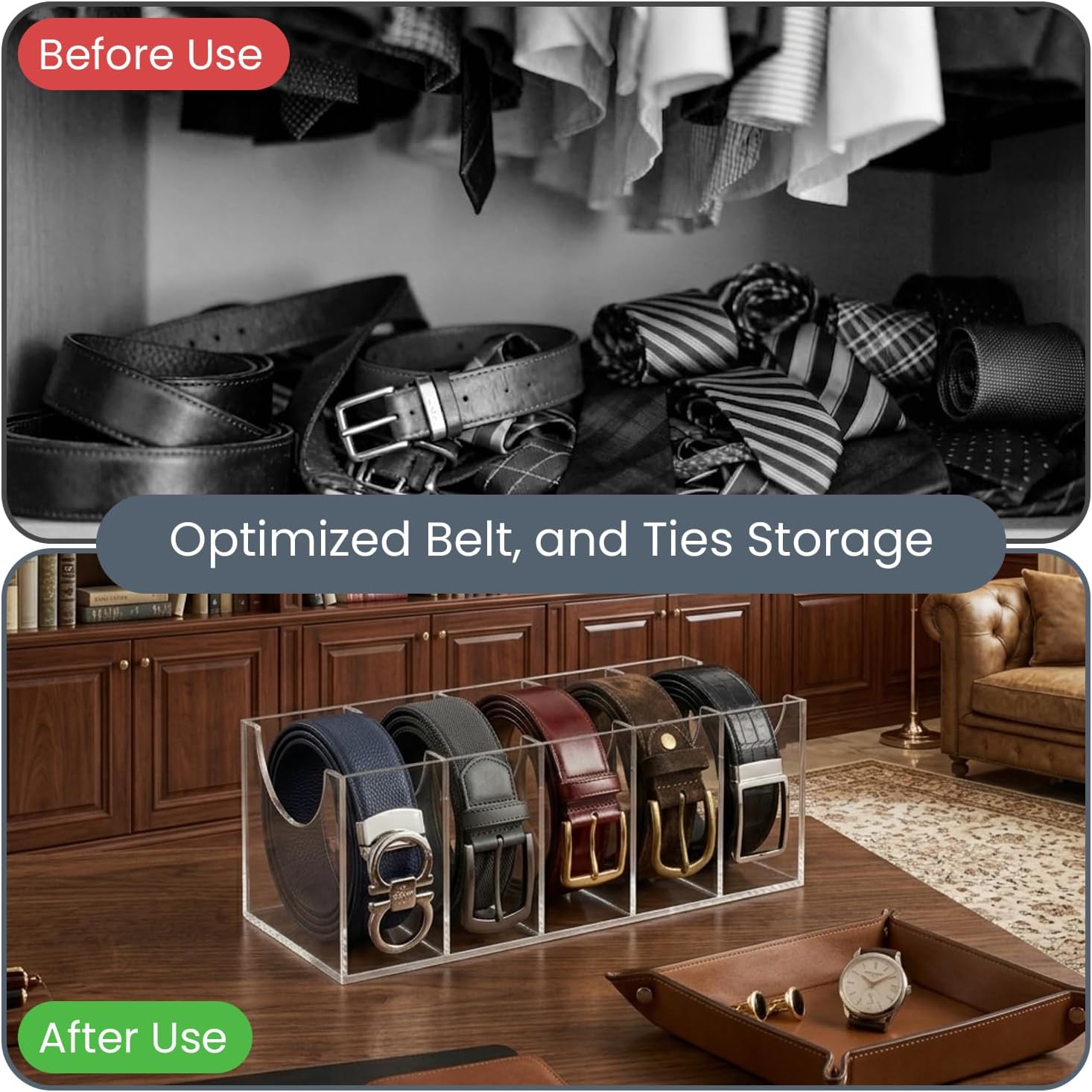 Acrylic Belt Organizer for Closet with Removable Dividers- 2 Wall Hooks for Hanging Towel- 5 Compartments & Handles Drawer Organization and Storage for Purse, Underwear, Socks & Ties (3 Pcs)