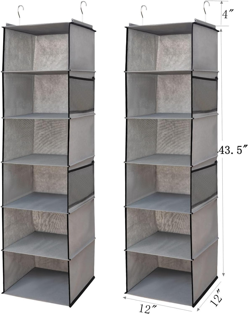6 Shelves Hanging Closet Organizer, 2 Pack Hanging Storage with 4 Side Pockets for Clothes Shoes, 43.5"x12"x12"(Grey)