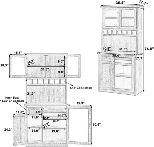 35.4''W Farmhouse Kitchen Pantry with Hutch, Freestanding Sideboard Buffet Cabinet with Wine Rack and Adjustable Shelves, Tall Pantry Storage Cabinet for Dining Room Kitchen, Blue