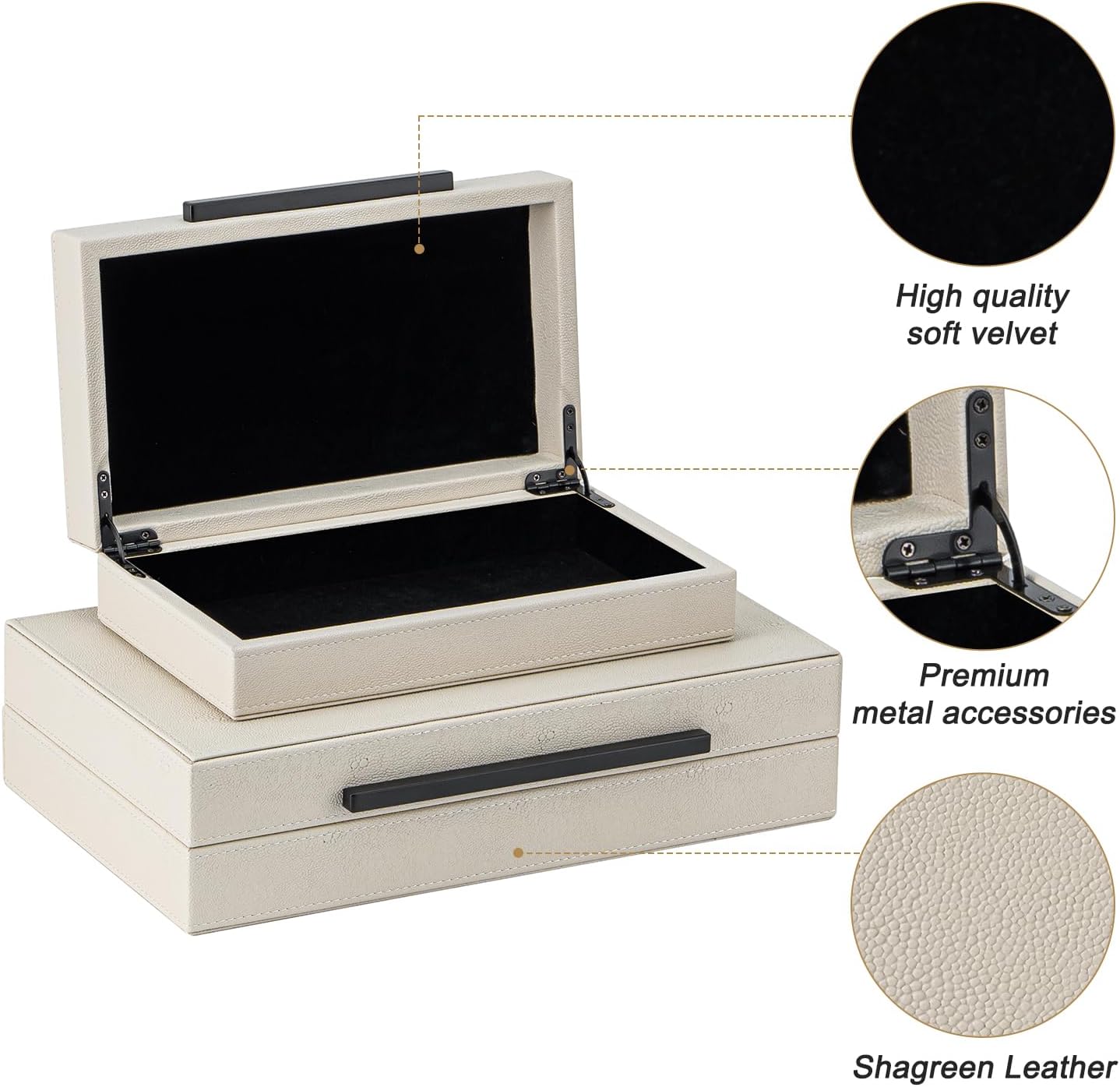 XIGEXIGE Set of 2 Beige Shagreen Decorative Storage Boxes with Black Metal Handles –Faux Leather Large Modern Stackable Nesting Jewelry Box with Lids Organizer