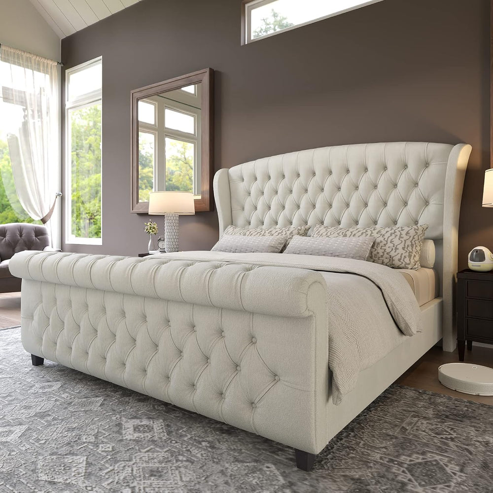 AMERLIFE Queen Size Upholstered Sleigh Bed Frame with Wingback Headboard