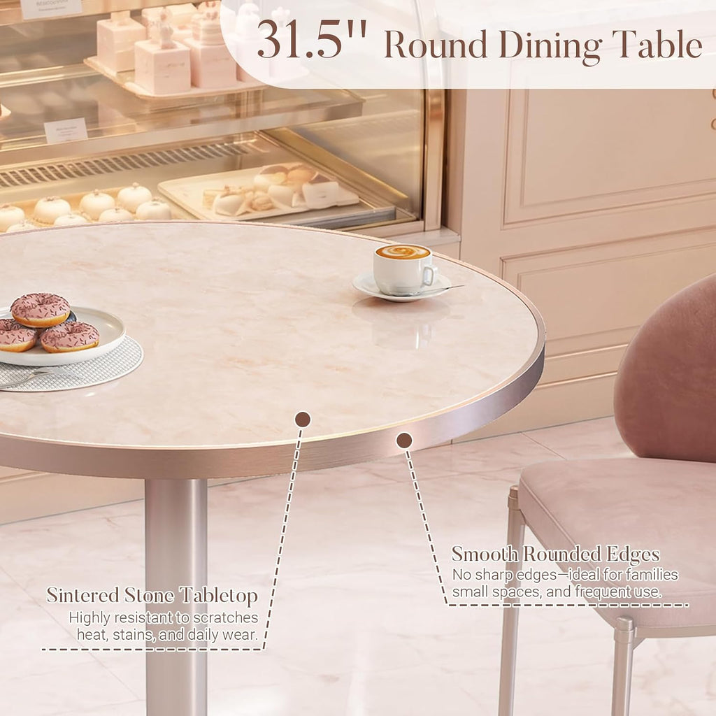31.5'' Tulip Table, Round Dining Table with Glossy Sintered Stone Tabletop | Rose Gold Aluminum Alloy Edge & Pedestal, Small Bistro Table for Dining Room/Café/Small Spaces/Restaurant (Blush Onyx)