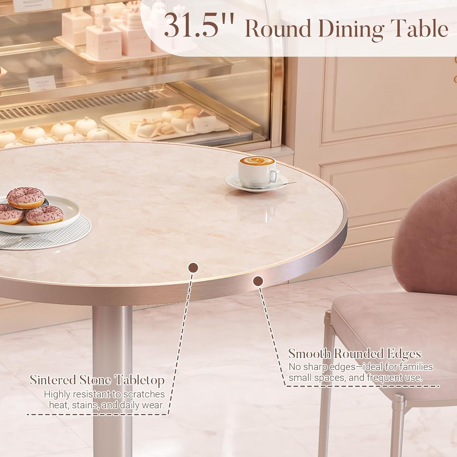 31.5'' Tulip Table, Round Dining Table with Glossy Sintered Stone Tabletop | Rose Gold Aluminum Alloy Edge & Pedestal, Small Bistro Table for Dining Room/Café/Small Spaces/Restaurant (Blush Onyx)