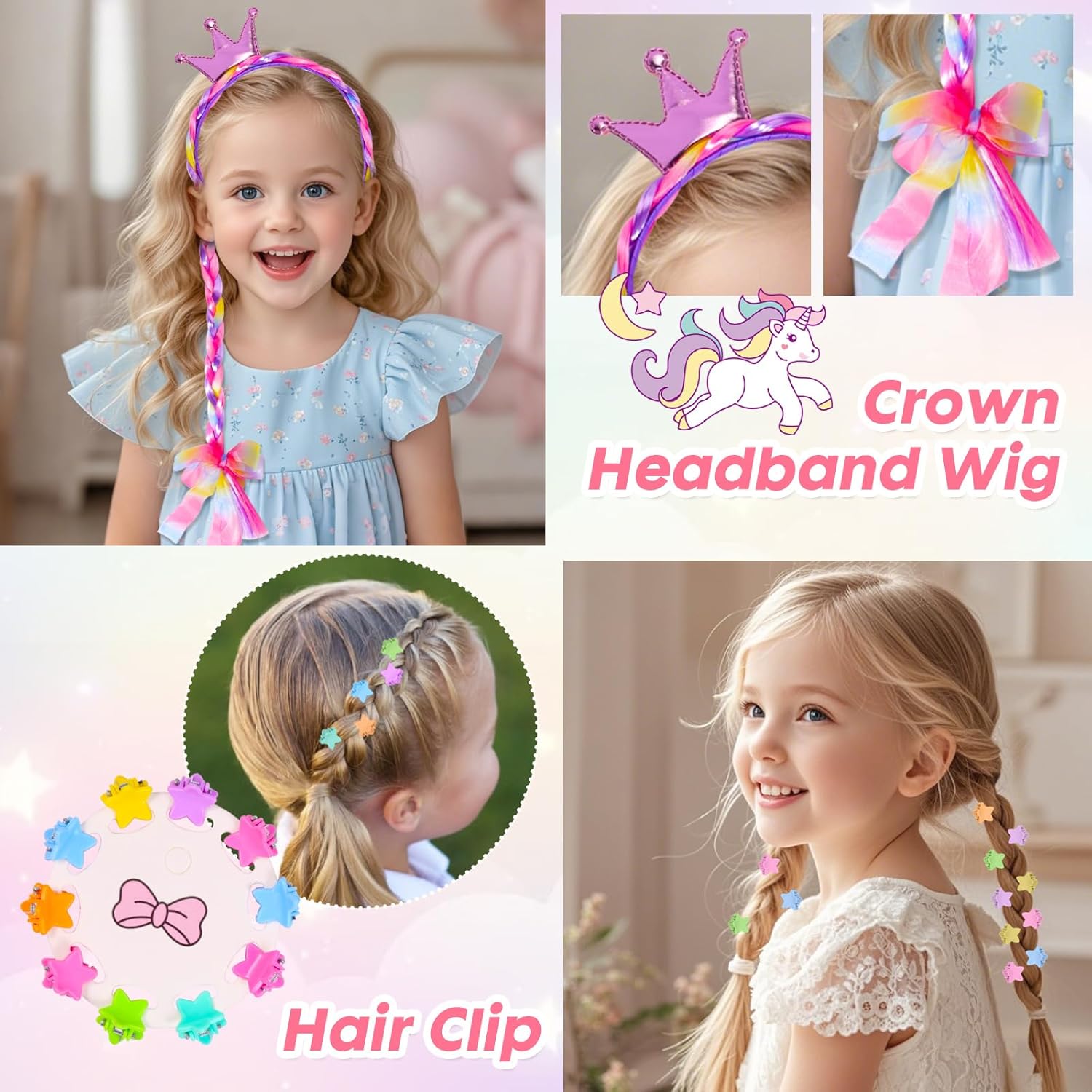 PinkSheep Unicorn Kids Jewelry for Girls: Toddler Princess Dress Up Unicorn Toy Set, Ring Necklace Bracelace Earing Clip for Little Girls, for Kids Toddler Jewelry Age 3-8