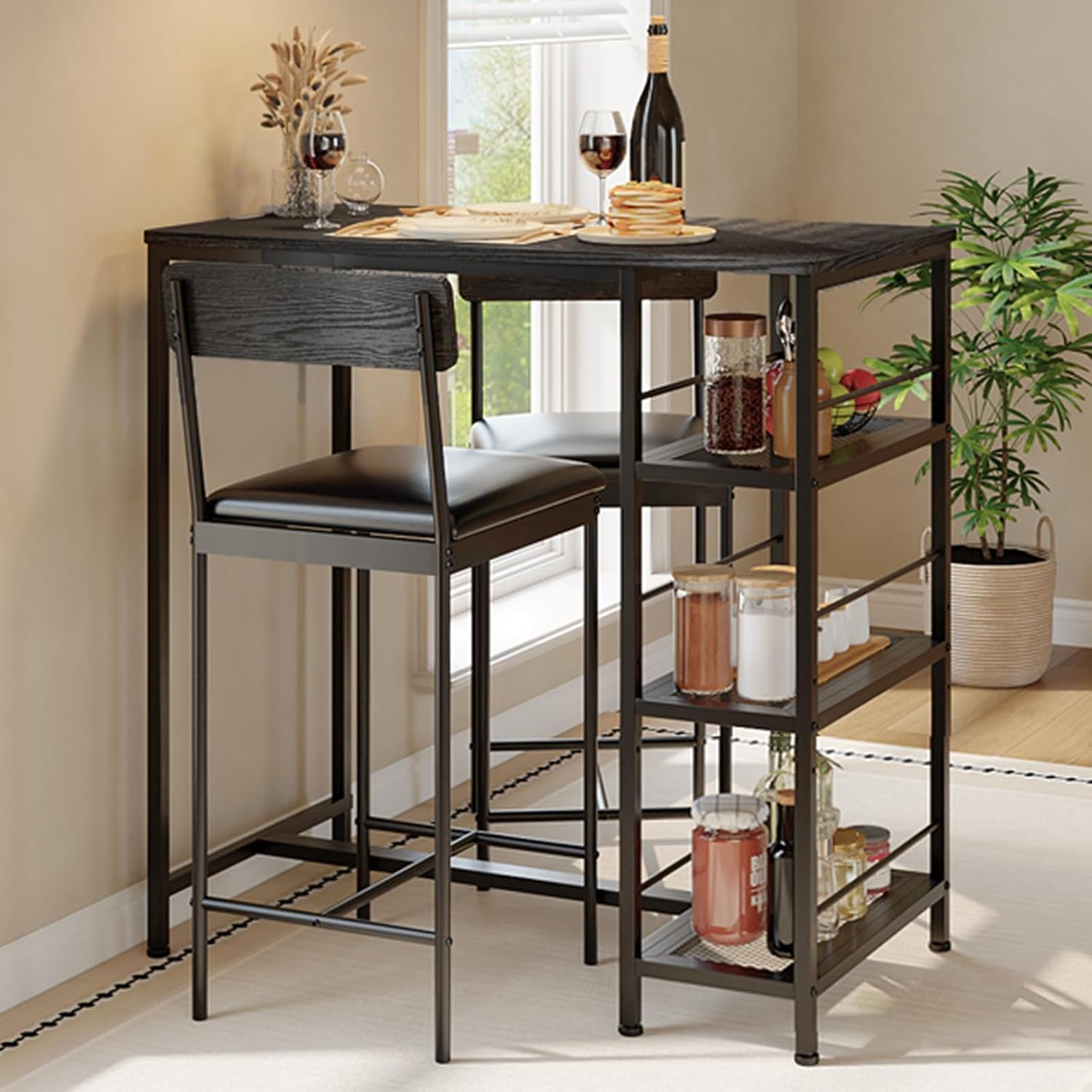 GarveeLife Dining Table Set for 2, Counter Height Bar Table Set with Storage ＆ Stools, High Top Pub Table and Chairs for Kitchen, Dining Room, Sofa Side, Apartment, Breakfast Nook