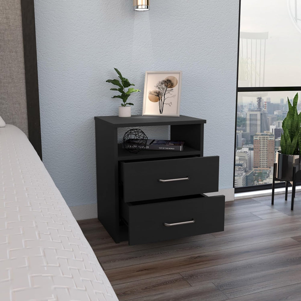 Nightstand, End Table, Side Table Superior Top, Two Drawers, One Shelf -Black...
