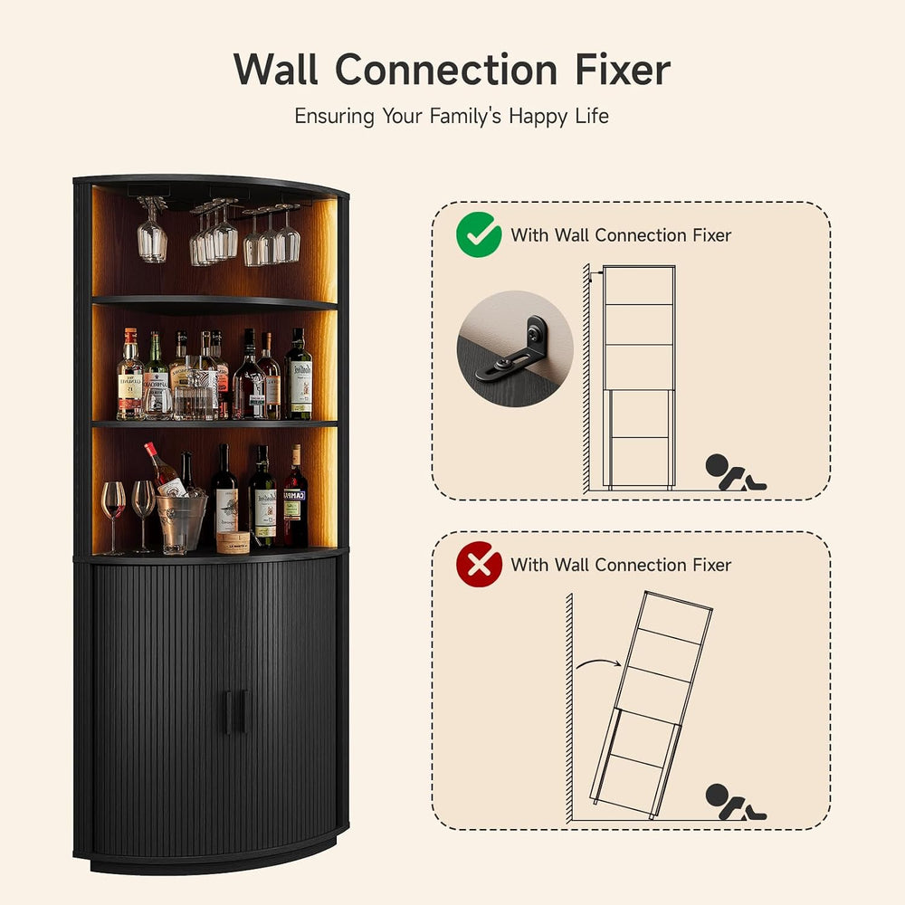 ONBRILL 72" Tall Corner Bar Cabinet with LED Light, Liquor Cabinets, Black