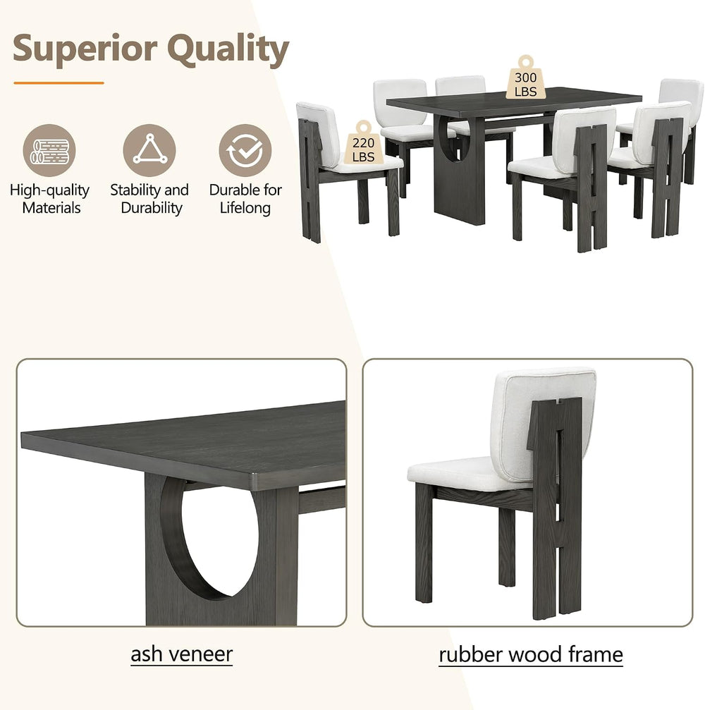 Merax Wood Dining Table Set for 6, Rectangular Tabletop/Upholstered Chairs/Re...