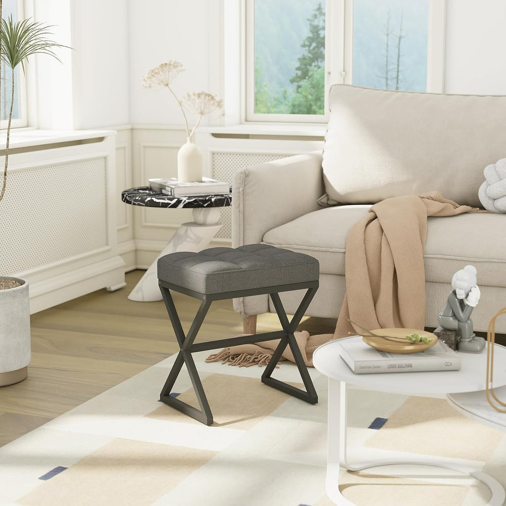 YMYNY Vanity Stool, Linen Footrest, Ottoman Bench with X-Shaped Metal Legs, M...