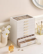 Lolalet Jewelry Box Organizer, 8-Layer Jewelry Organizers and Storage Case with Glass Lid, Ring Earring Bracelet Necklace Holder Organizer, Birthday Christmas Gifts for Women Girls -8Layer, Beige