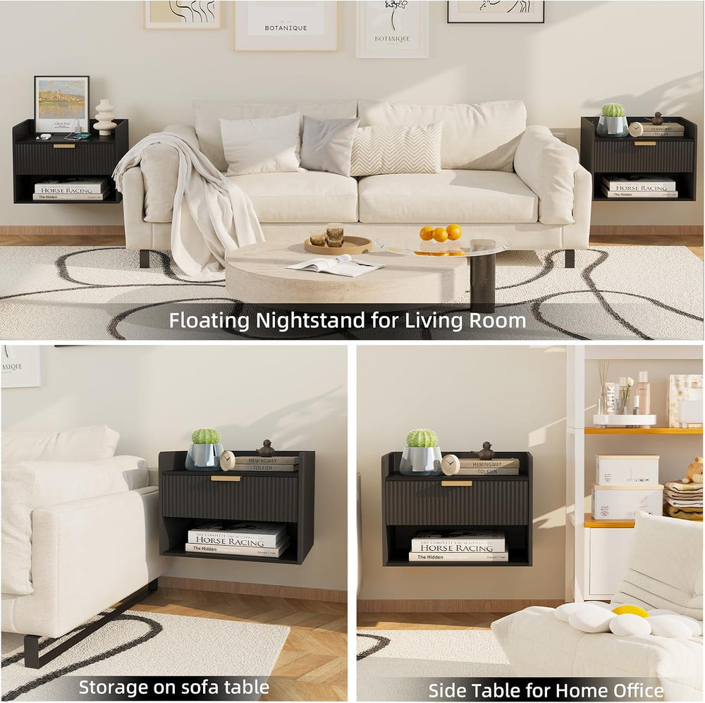 Arbuxzuy Floating Nightstand Set of 2 with Charging Station and Drawer | Mode...