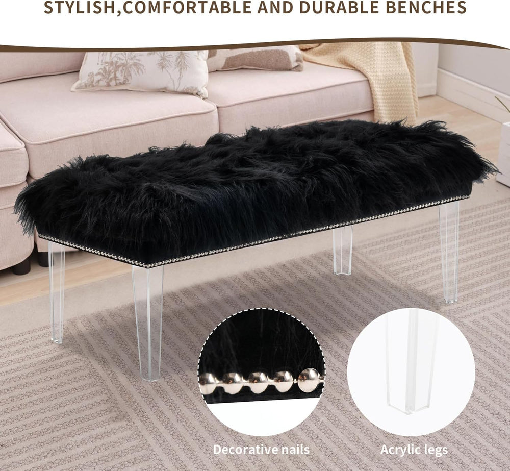 Modern Black Faux Fur Ottoman Bench - Upholstered Furry Bench with Acrylic Le...