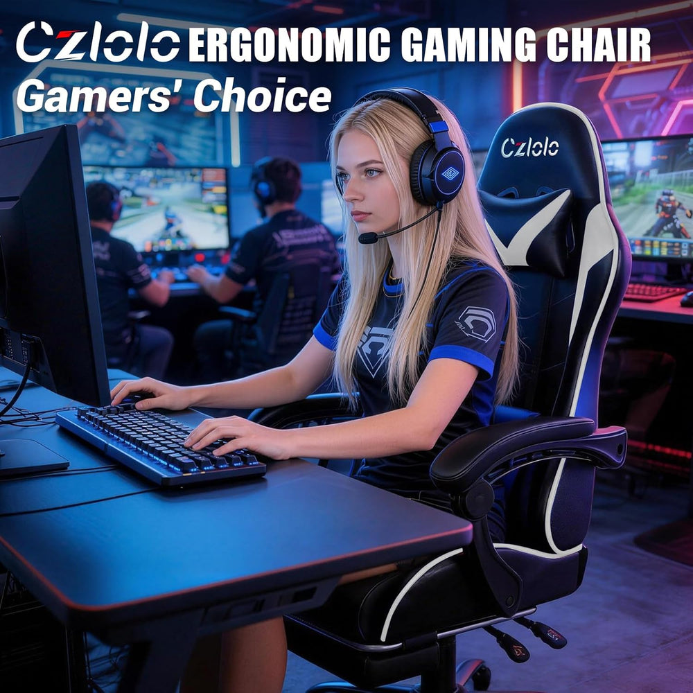 Czlolo Gaming Chair with Footrest Racing Style Lumbar Support Massager Video ...