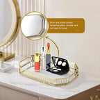 Mirrored Perfume & Makeup Vanity Tray - Hollow-Out Jewelry Storage, Gold Metal & Glass Trinket Organizer for Dresser & Bathroom Countertop, 11.3" Small Size