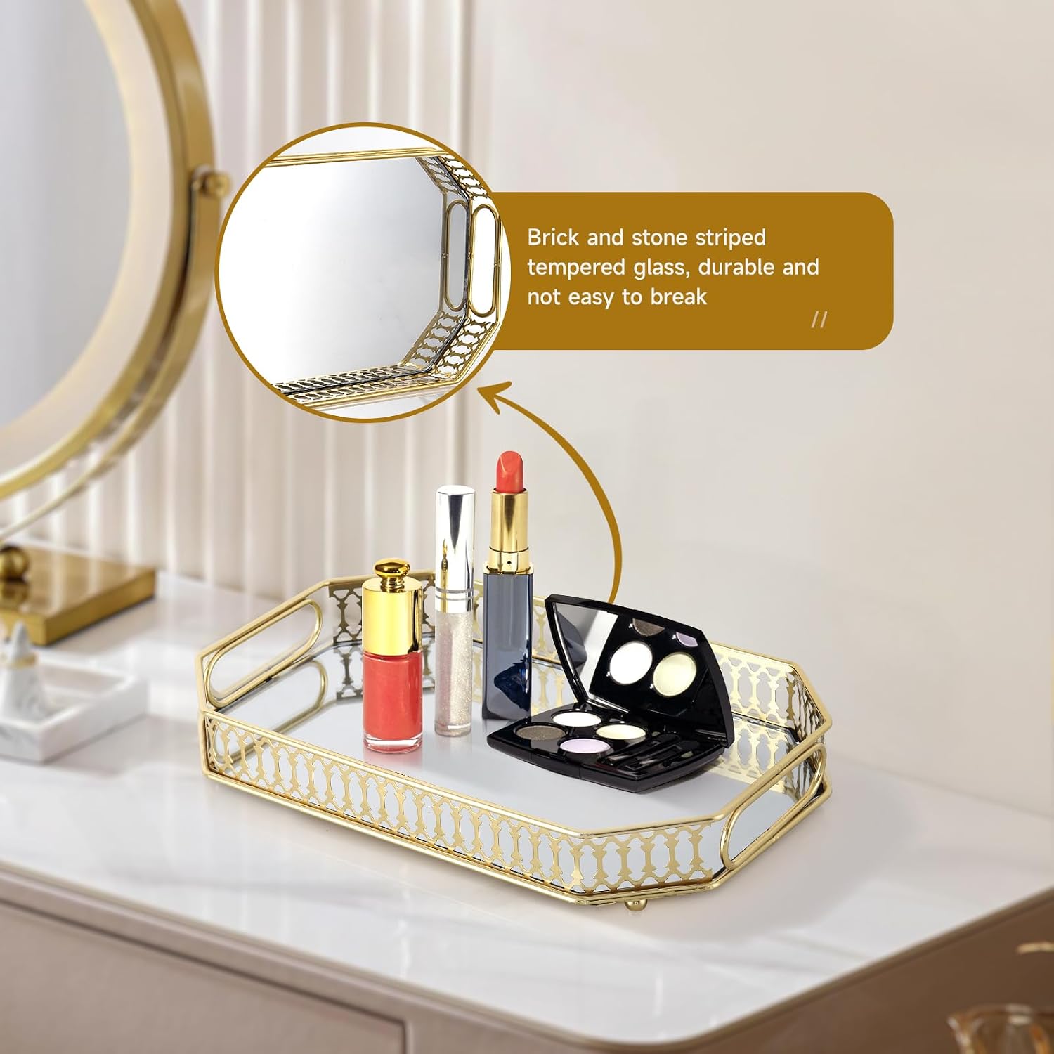 Mirrored Perfume & Makeup Vanity Tray - Hollow-Out Jewelry Storage, Gold Metal & Glass Trinket Organizer for Dresser & Bathroom Countertop, 11.3" Small Size