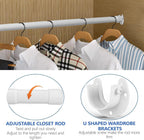 Closet Rod, 17 to 38 Inch Closet Rods for Hanging Clothes, Heavy Duty Adjustable Closet Hanging Rod Bar White Closet Poles for Wardrobes, Closet, Bathroom, Windows,1.3 Inch Diameter