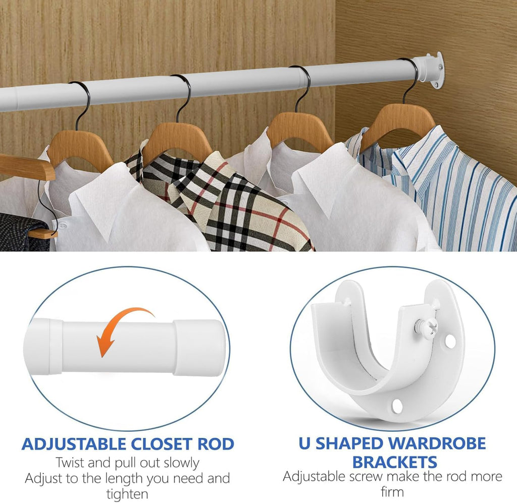 Closet Rod, 17 to 53 Inch Closet Rods for Hanging Clothes, Heavy Duty Adjustable Closet Hanging Rod Bar White Closet Poles for Wardrobes, Closet, Bathroom, Windows,1.3 Inch Diameter
