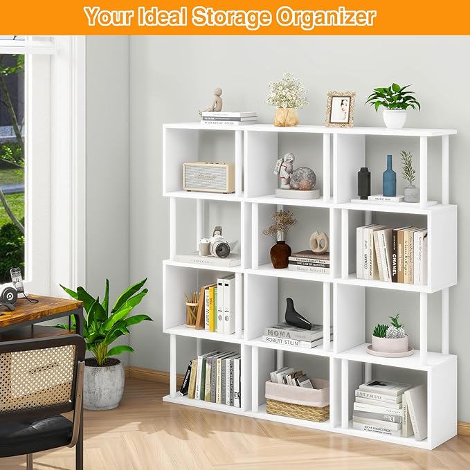 IBUYKE 5-Tier Tall Bookshelf,S-Shaped Geometric Bookcase, Wood Display Shelve...