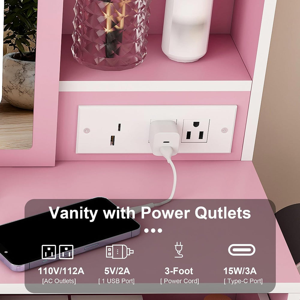 Small Vanity Desk Set with Mirror and Adjustable LED Lights, Compact Pink Dre...