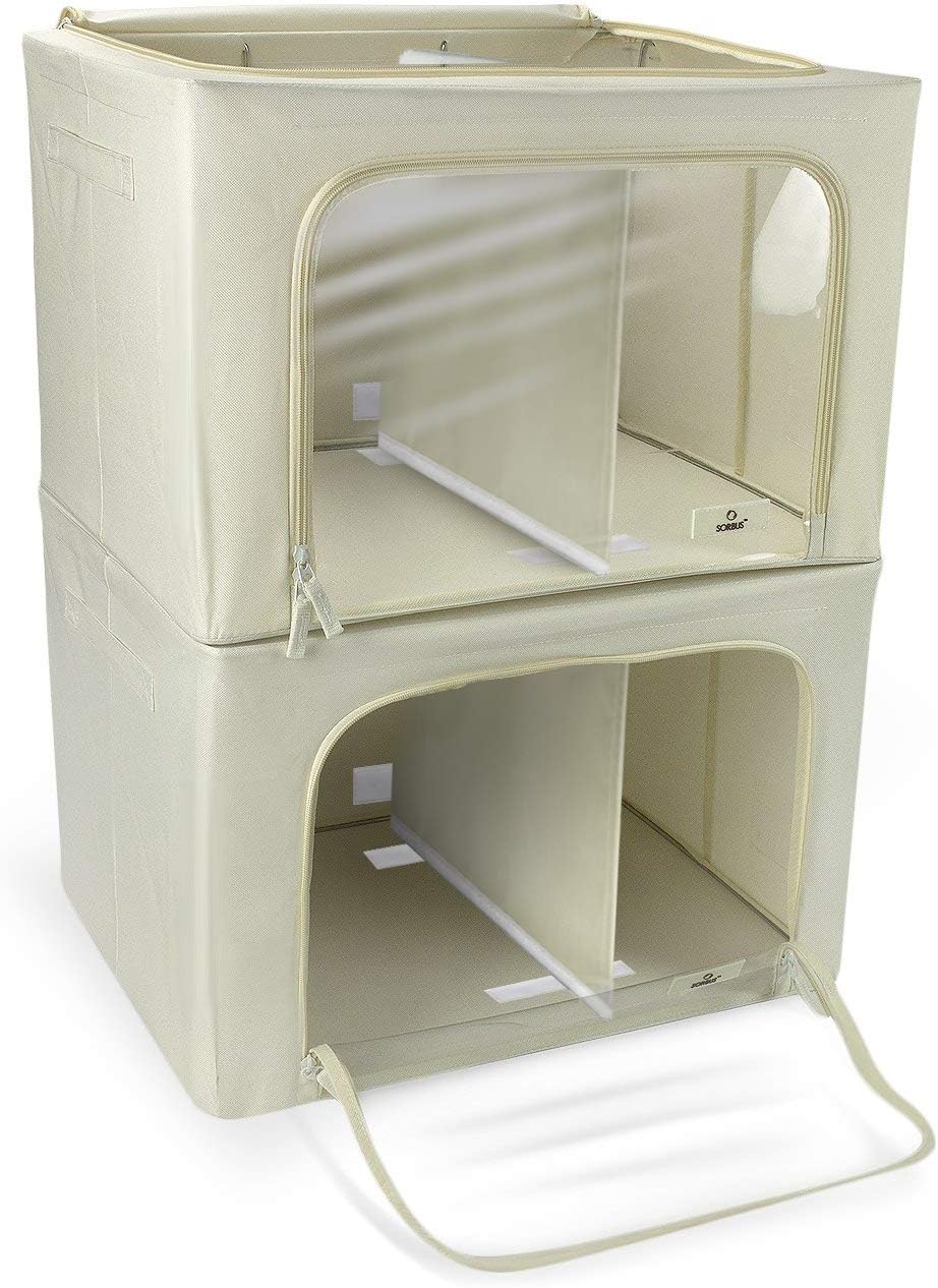 Sorbus Storage Bins with Divided Interior - Large Stackable & Foldable Organizer Containers with Metal Frame, Oxford Fabric, Large Window & Carry Handles - Organization for Bedroom, Linens & Clothes