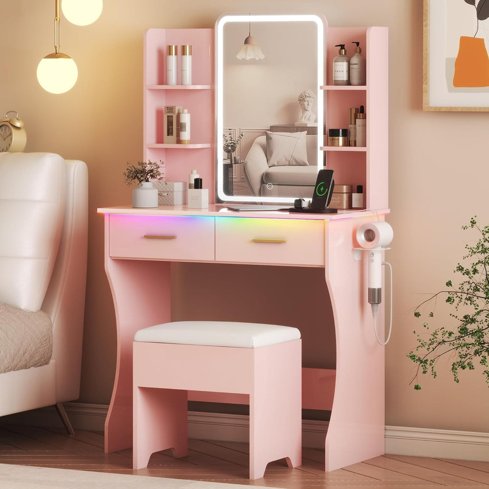Vanity Desk with LED Lights Mirror & Power Outlet, Small Makeup Vanity Ta...