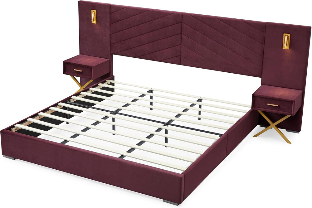 GDFStudio King Size Velvet Platform Bed Frame with Wingback Vertical Channel ...