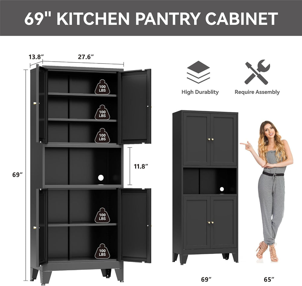 Bevivog Tall Pantry Cabinet with Microwave Shelf, 69" Metal Storage Cabi...
