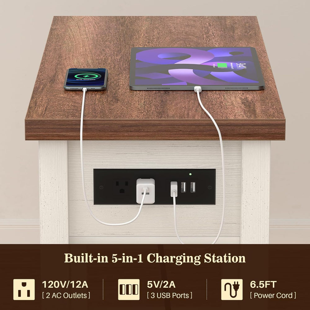 Narrow End Table with Charging Station - Farmhouse Side Table with Drawer, 14...