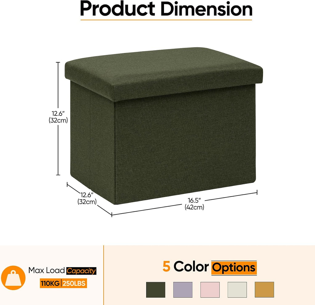 16.5 Inch Small Rectangular Storage Ottoman, Collapsible Footrest | Linen Fabric, Hidden Storage, Foldable Footstool with Padded Lid, Compact Size for Living Room, Bedroom and Dorm, Olive Green