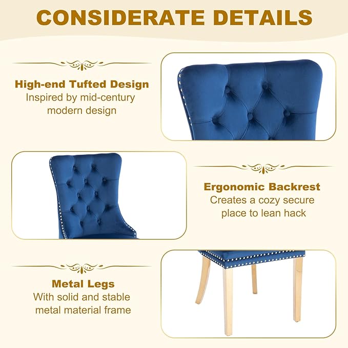 51 Inch Glass Dining Table Set for 4, Rectangular Glass Kitchen Table with 4 Upholstered Velvet Accent Chairs, 5 Piece Modern Dining Room Set, for Home, Apartment, Small Spaces - Blue Gold