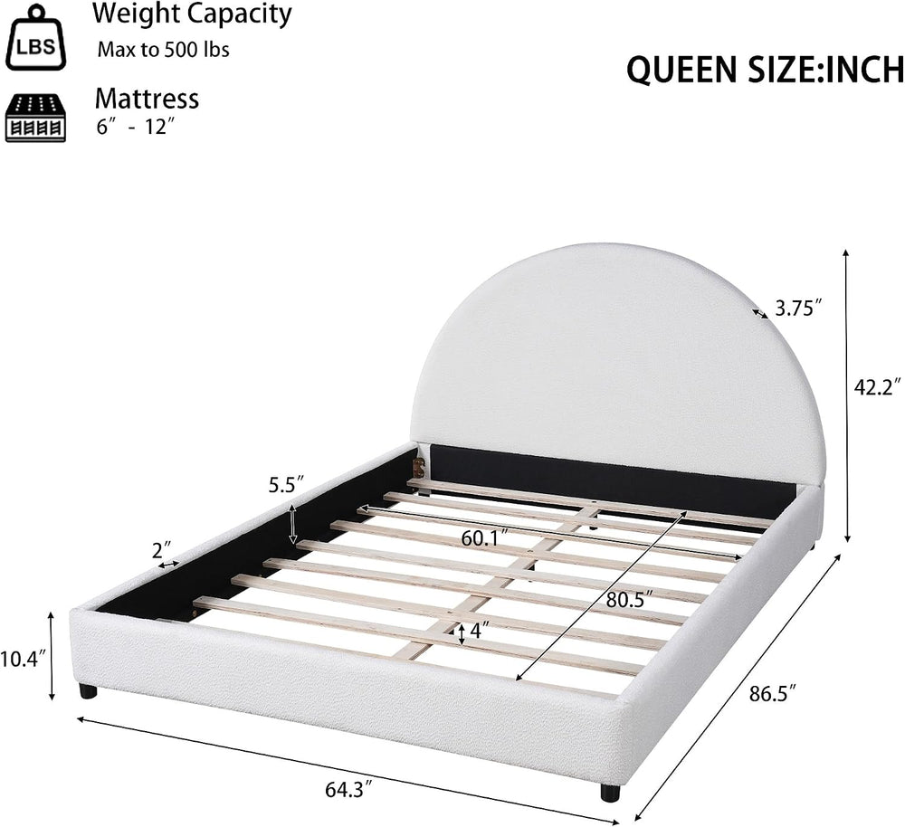 Peanu Queen Bed Frame, Boucle Upholstered Curved Headboard, White