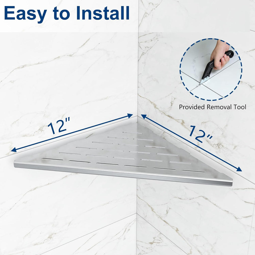 Corner Shower Shelves, 12” Recessed Tile Shower Shelf, 304 Stainless Steel Grout in Corner Tile Shower Shelves, No Drilling, Brushed Nickel, 2 Pack
