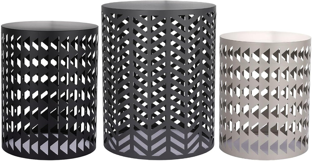 Outdoor Side Table Set of 3 Round Metal Nesting Tables, Patio End Table Black...