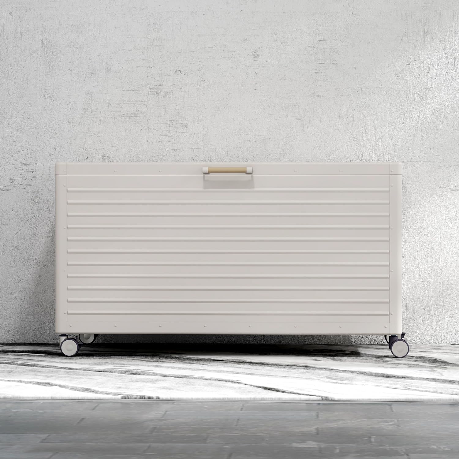 MIRADOR 134 Gallon Outdoor Storage Box Waterproof, Metal Deck Box with wheels for Patio Furniture, Garden Tools, Outdoor Cushion, Latte