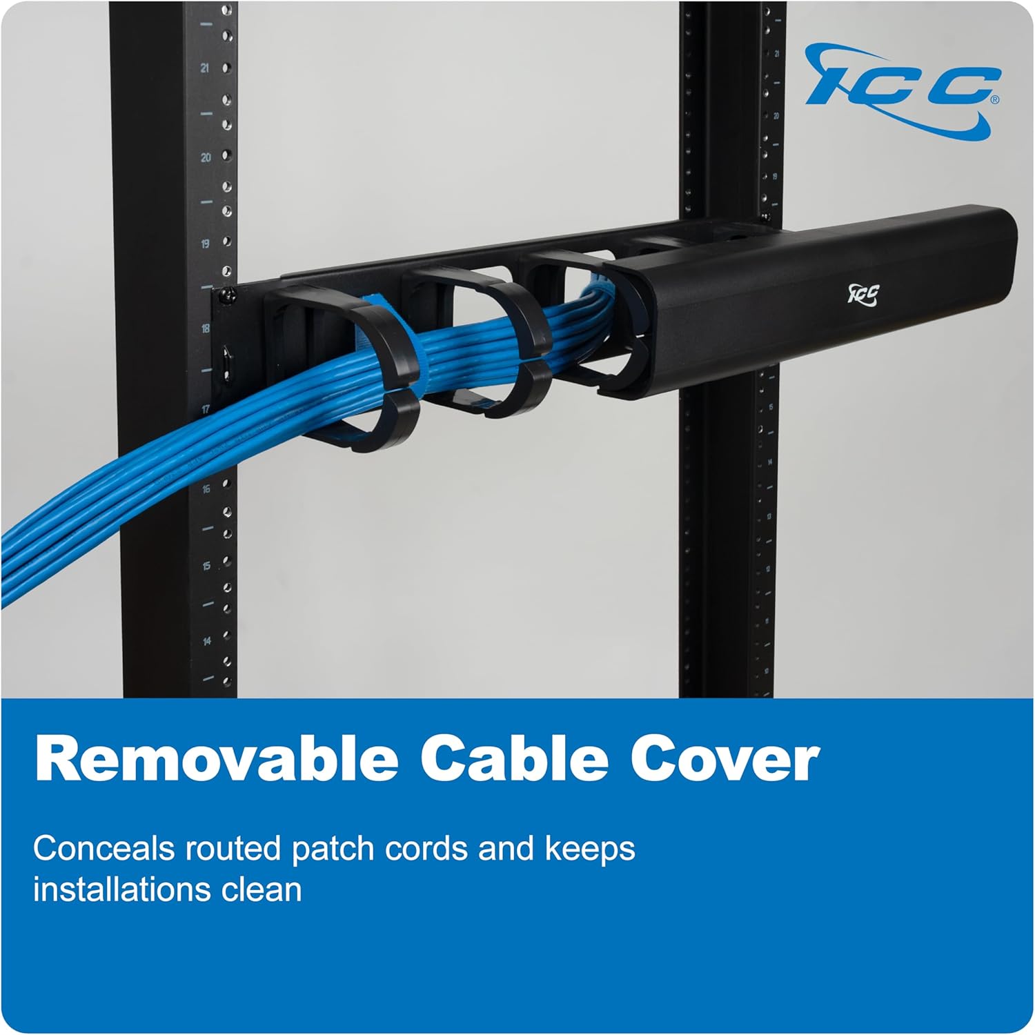 ICC 2U Ring Cable Manager Panel with Cover, Plastic with Metal Back Frame, 4" D-Rings, Horizontal Cable Management, Rackmount for 19” Network Racks, Black, 6-Pack