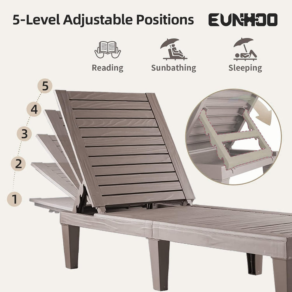 EUNHOO Outdoor Chaise Lounge Set of 2, Adjustable Pool Lounge Chair with 5 Po...