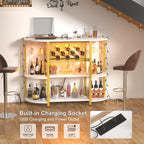 Unikito 4-Tier Coffee Bar Cabinet with Outlet, LED Light & Glass Holder | Metal Frame, Wine Storage, Bakers Rack, Floor Bar Table for Kitchen Dining Room, White and Gold