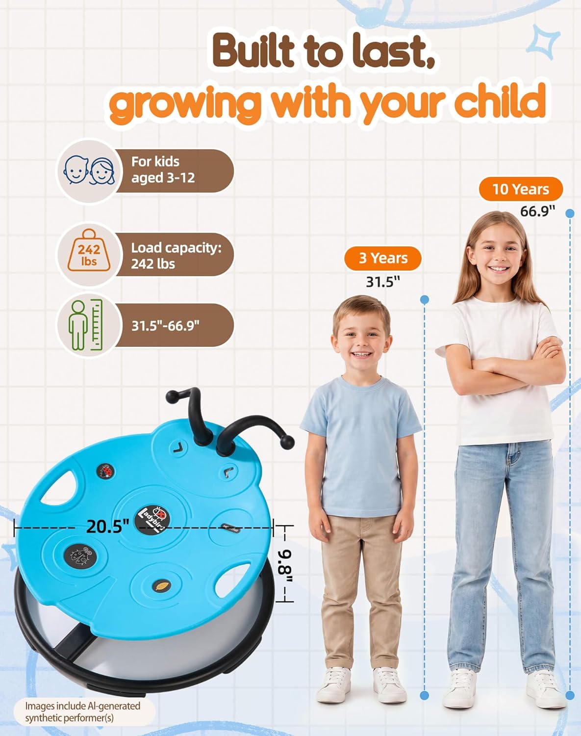 SUNFATT Spinning Chair for Autistic Kids,Heavy Duty Sensory Sit and Spin Chair with Metal Base & Safety Handles,242 lbs Capacity,360° Rotating Ladybug Chair for ADHD,Indoor Outdoor Toy for Ages 3-12