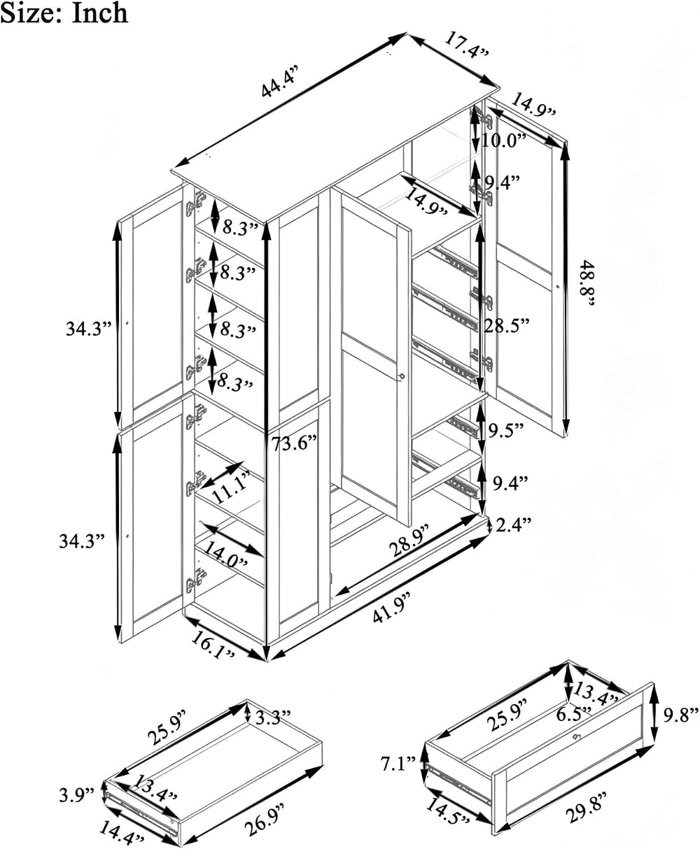 RUNNA 73.6" Tall Farmhouse Kitchen Pantry,Freestanding Large Capacity St...