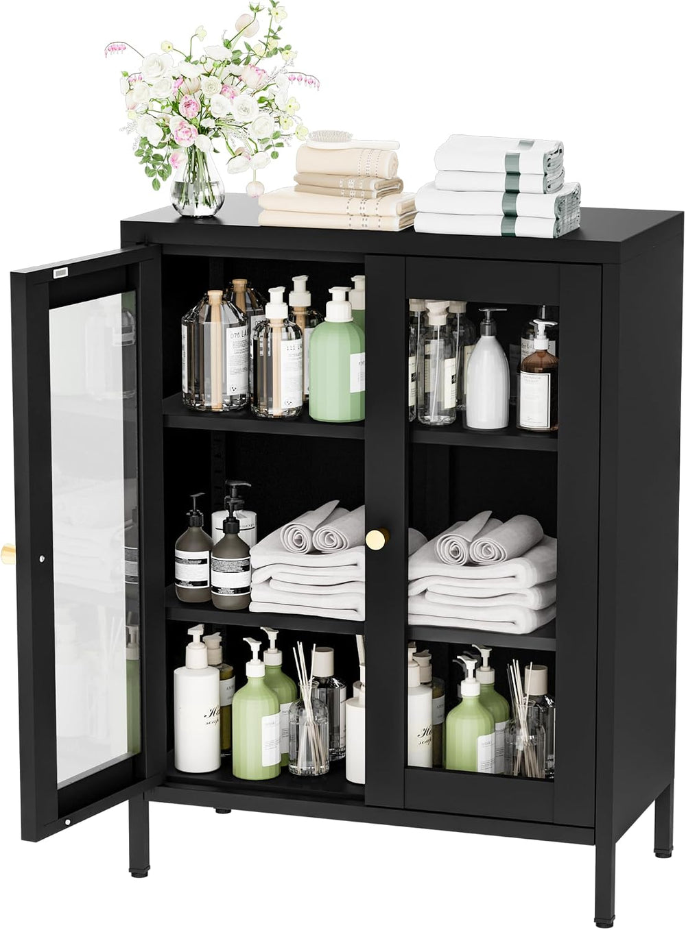 YAUWOH Metal Bathroom Cabinet with Glass Doors,Bathroom Floor Storage Cabinet...