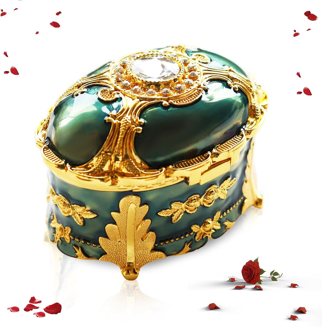 Vintage Enamel Oval Emerald Green Jewelry Box, Metal Trinket | Metal Enamel, Oval Emerald Green, Velvet Lined. For Earrings, Rings, Necklaces, Bracelets. Gift for Girls, Women, Home Decor