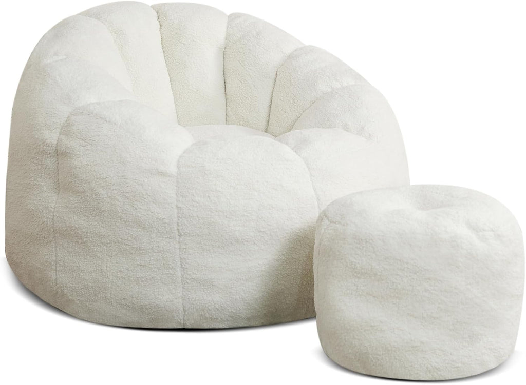 Bean Bag Chair for Adults, Gaint Beanbag Chair with Ottoman, Comfy Lazy Bean Bag Reading Chair for Living Room, Bedroom, White