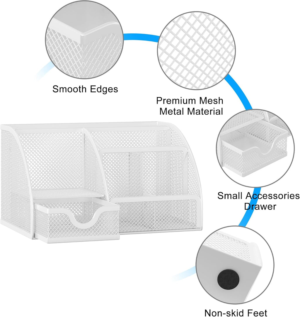 EasyPAG Mesh Desk Organizer with Drawer Multi-Functional Pen Holder Stationery Organizer for Office School Supplies 6 Compartments Dorm Organizers and Storage for Desk, White
